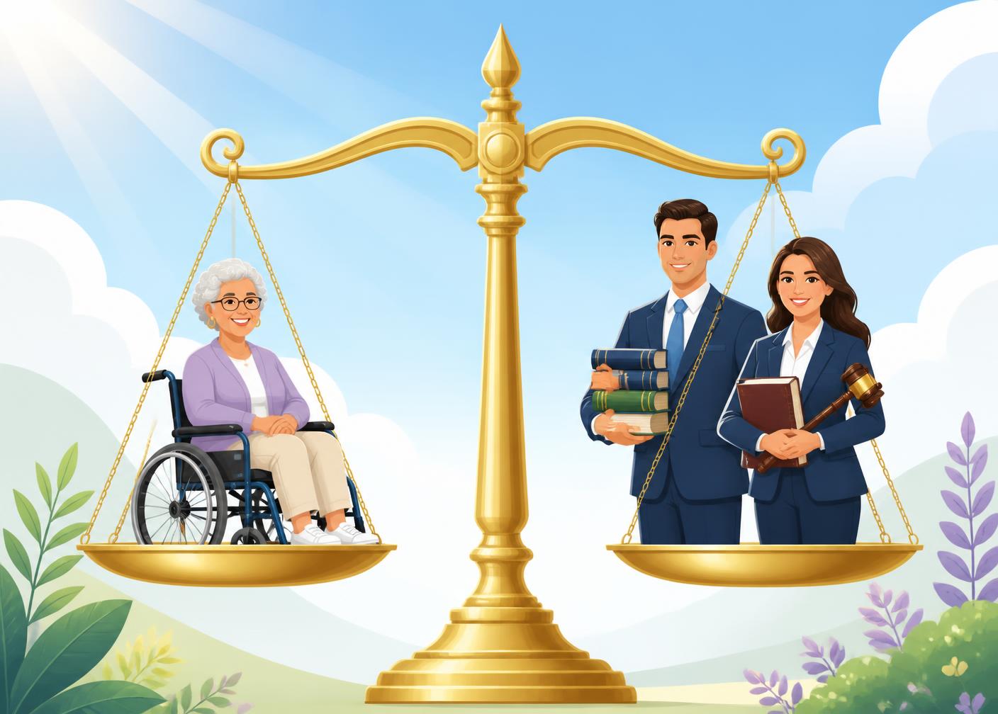 Golden scales of justice balancing a person using a wheelchair on one side and two attorneys with law books and a gavel on the other